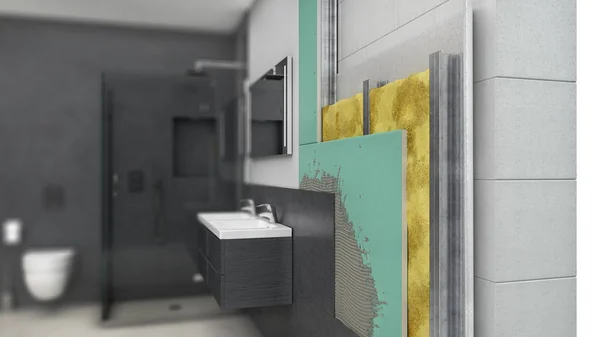 Теплоизоляция внутренних стен в ванной комнате, 3d иллюстрация — стоковое фото