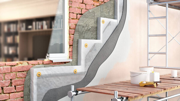 Теплоизоляция наружных кирпичных стен с лесами и внутренним видом через окно, 3d иллюстрация
