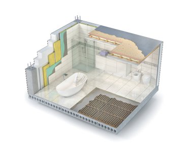 Banyo içinde duvarlar, zemin ve tavan katmanlarının kesiti, 3D illüstrasyon