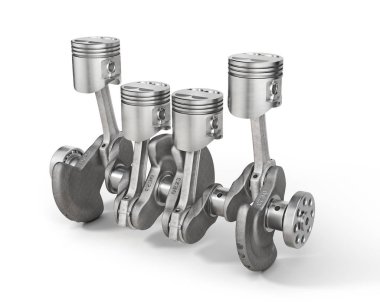 Motor konsepti. Beyaz arka planda pistonları olan bir krank mili. 3d illüstrasyon