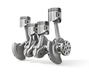 Motor konsepti. Beyaz arka planda pistonları olan bir krank mili. 3d illüstrasyon