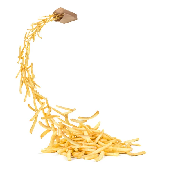 RW Flying potato fries from the package in a white background — 스톡 사진