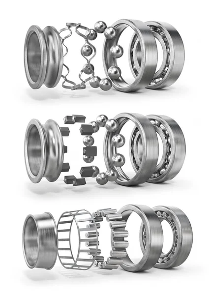 View of disassembled bearing isolated on a white background. See parts of detail. 3d illustration — Stock Photo, Image