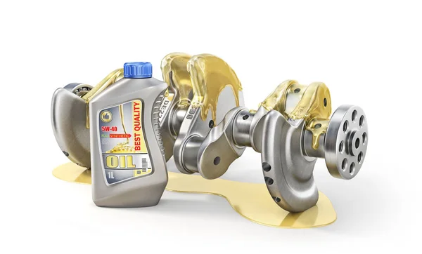 Smörjmedel. Vevaxel i oljan med oljeflaska på vit bakgrund. 3D-illustration — Stockfoto