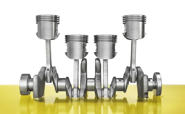 Konsep pelumas. Crankshaft dengan piston di minyak pada latar belakang putih. Ilustrasi 3d — Stok Foto