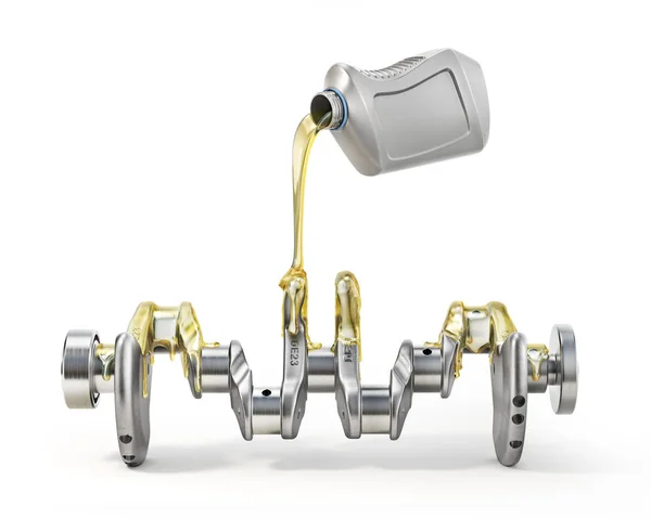 Lubricant concept. Crankshaft in the oil with oil bottle on a white background. 3d illustration — 스톡 사진