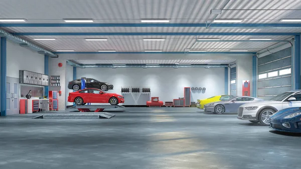 Obrovská garáž s auty. 3D ilustrace — Stock fotografie
