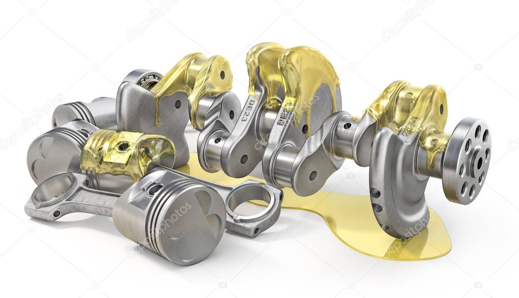 Lubricant concept. Crankshaft with pistons in the oil on a white background. 3d illustration