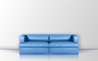 Blue leather luxury sofa for modern living room. Realistic vector illustration