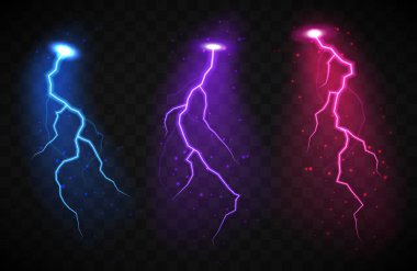 Set of lightnings. Magic and bright light effects on transparent background.