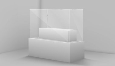 Vector realistic glass square showcase. Empty glass box on a white podium 