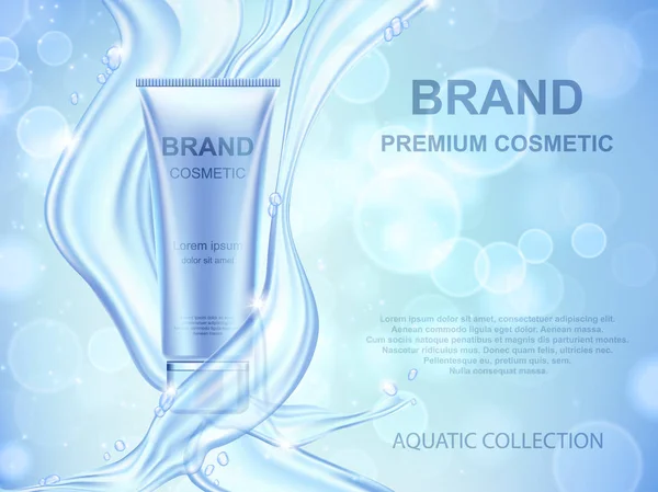 Aqua Moisturizing cosmetics ads template. Realistic cream container and water splash on blue background — Διανυσματικό Αρχείο