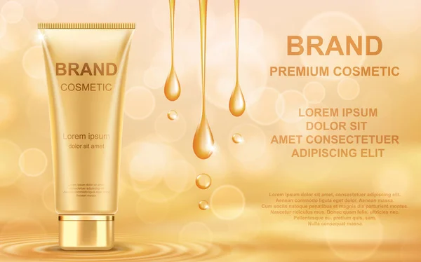 Golden oil cosmetic cream skin care ads. Template realistic vector illustration. — Stock Vector