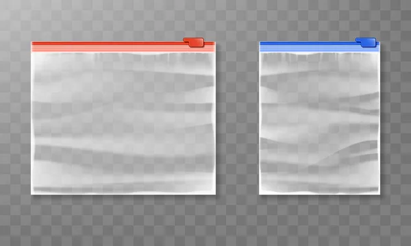 Realistický vektorový plastový zip taška maketa izolované na průhledném pozadí. Transparentní sáček na zip. — Stockový vektor