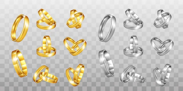 Vector gold and silver wedding rings set isolated on  transparent background. — Stok Vektör