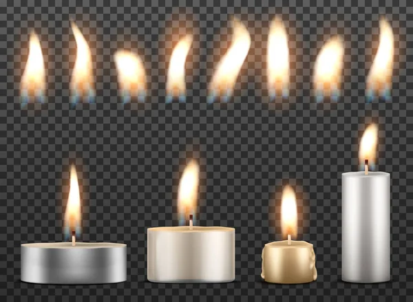 Set of realistic burning candles isolated on a transparent background. — Stok Vektör