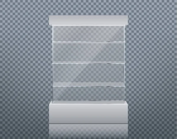 Vector realistic glass square showcase. Empty glass box on a white podium isolated on transparent background — 스톡 벡터