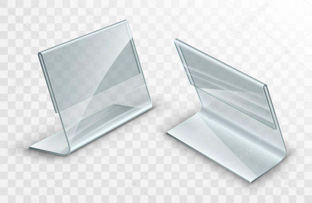 Acrylic table displays set, glass or plastic card holders isolated on transparent background.