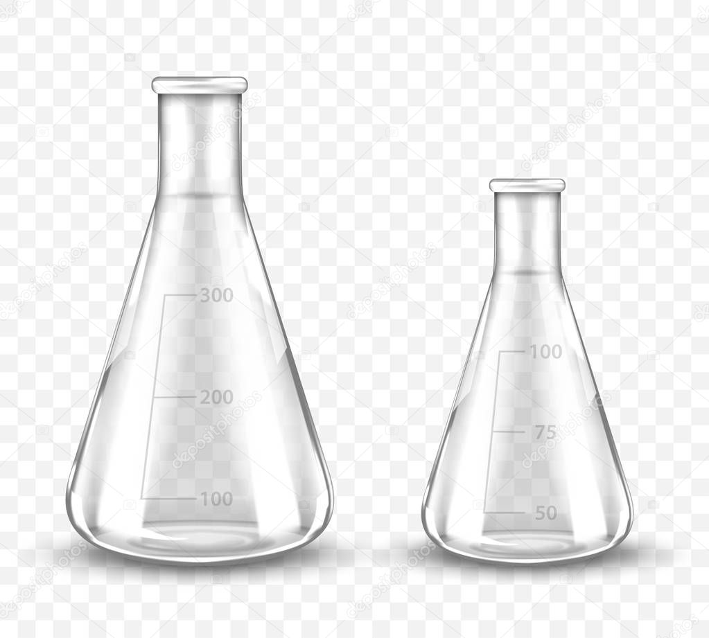 Clean empty laboratory glassware on transparent background. Vector realistic illustration