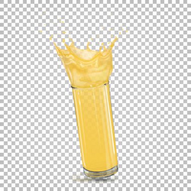 Silindirik bardakta damla damlatan portakal suyu. Şeffaf bir arkaplanda izole edilmiş gerçekçi vektör illüstrasyonu.