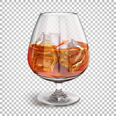 Bacağında şeffaf parlak camlar ve buz küplü konyak. Şeffaf arkaplanda izole edilmiş 3d gerçekçi illüstrasyon.