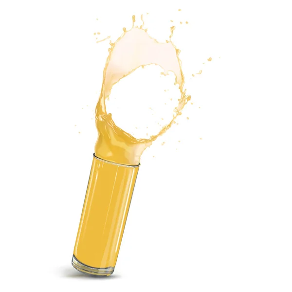 Dynamischer Spritzer Orangensaft in einem hohen zylindrischen Glas. Vektor 3D Illustration isoliert auf weißem Hintergrund. — Stockvektor