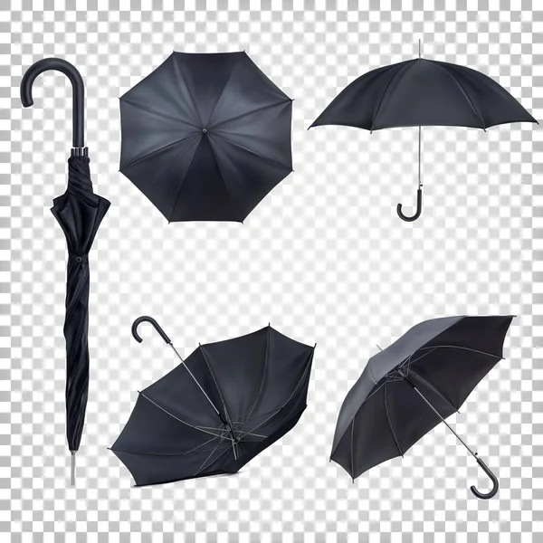 Zestaw czarnych klasycznych parasoli deszczowych w różnych widokach. Makieta, szablon prezentacji logo. Realistyczna ilustracja wektora izolowana na przejrzystym tle. — Wektor stockowy