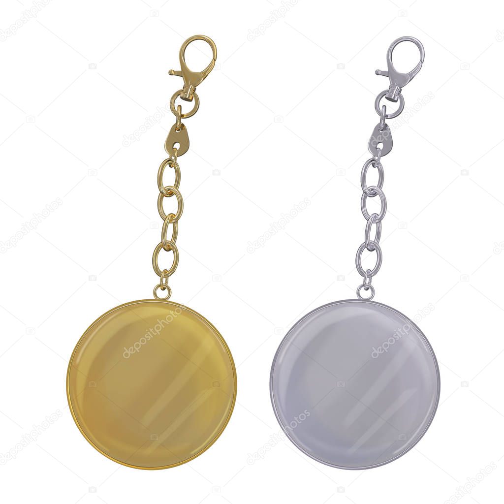 Metal round key chain on chain and carbine. Gold and silver colors. Accessories for bags and jewelry. Vector 3d realistic illustration isolated on white background.