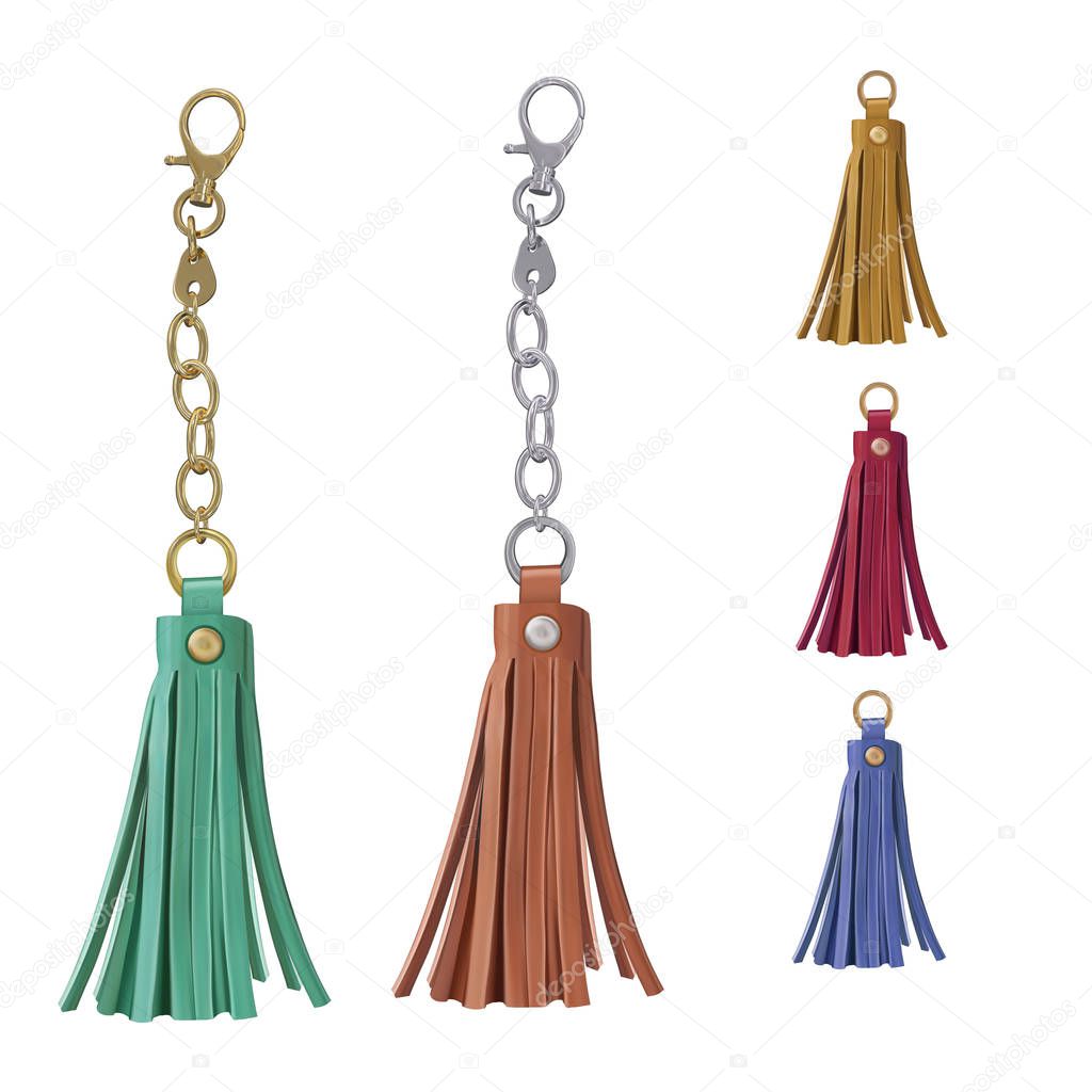 Set of leather tassel. Charm for a woman's bag on a chain and a carbine. Gold and silver colors. Accessories for handbags and wallets. Vector 3d realistic illustration isolated on white.
