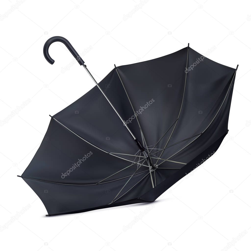 The umbrella lies upside down on the surface. Black classic umbrella cane. Realistic vector illustration isolated on white background.