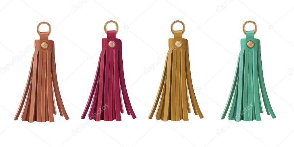 Tassels leather for a woman's bag. Set of pendants of different colors. Accessories for bags and jewelry. Vector 3d realistic illustration isolated on white background.