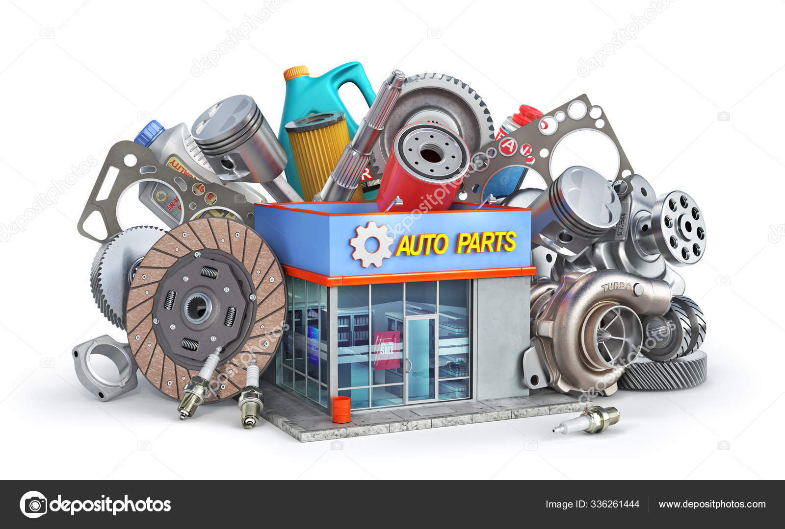 Auto parts near auto parts store isolated on a white background. 3d illustration  Stock Illustration by ©urfingus #336261444