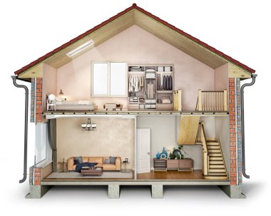 House cross section, view on bedroom, living room and hallway, 3d illustration clipart