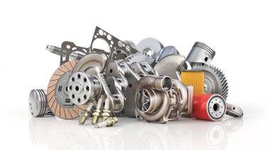 Beyaz arkaplanda izole edilmiş araba parçaları yığını. 3d illüstrasyon