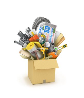 Karton kutunun içindeki yapı malzemeleri ve soyutlama aracı