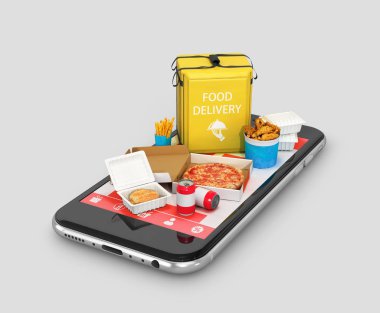 İnternetten yemek sipariş et. Pizza kuryesi teslimatı. Ticaret konsepti. 3d illüstrasyon