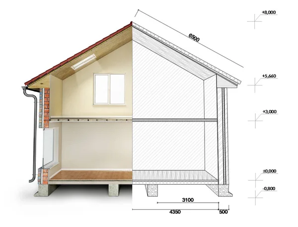Przekrój pół wykończonego domu z rysunkiem na drugiej połowie, ilustracja 3D — Zdjęcie stockowe