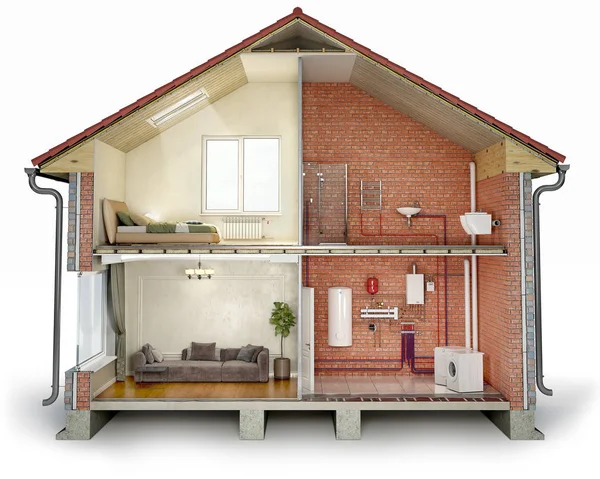Przekrój domu, podzielony na odnowioną część i niedokończoną część z rur, ilustracja 3D — Zdjęcie stockowe