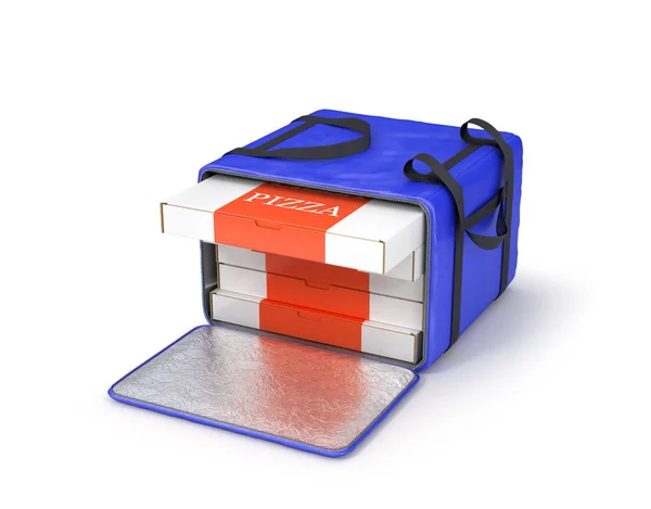 Dodávka pizzy, modrá taška s pizzou. 3D ilustrace — Stock fotografie