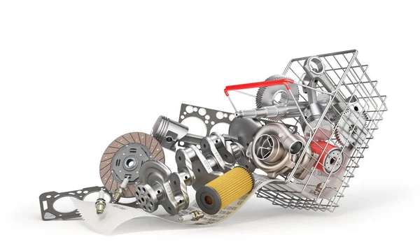 Pile of auto parts drop out from the shop basket isolated on a white background. 3d illustration — 스톡 사진