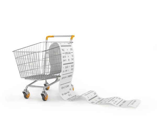 Shopping cart with receipt isolated on a white background. 3d illustration — Stock Photo, Image