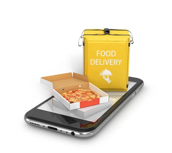 Encomende comida online. Entrega de correio de pizza. Conceito de comércio eletrônico. ilustração 3d — Fotografia de Stock