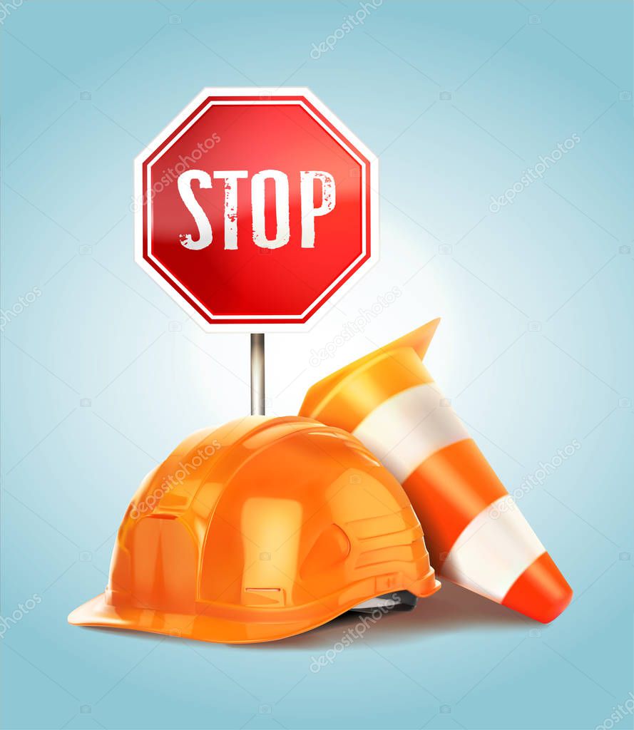 Warning stop sign. Repair work. Construction helmet. Vector illustration.