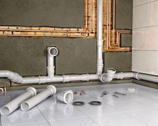 Processo de mudança de tubos no interior do banheiro, ilustração 3d — Fotografia de Stock