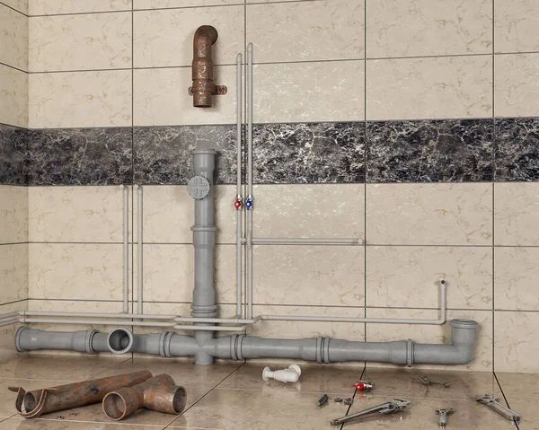 Mudando velhos tubos enferrujados com novos tubos no interior do banheiro, ilustração 3d — Fotografia de Stock