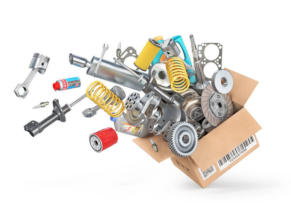 Cardboard box full of auto parts isolated on a white background. 3d illustration