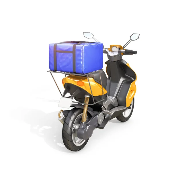 Gelbe Tasche für die Essensausgabe auf dem Kofferraum eines Motorrads. Roller-Lieferdienste. 3D-Illustration — Stockfoto