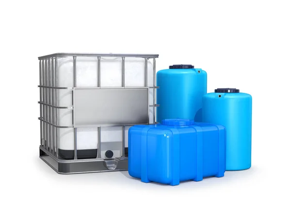 Tanques de água. Grandes recipientes de plástico. ilustração 3d — Fotografia de Stock