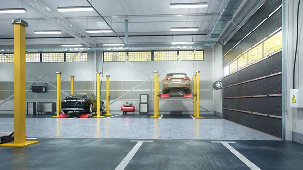 Garagem interior com equipamento de carro. ilustração 3d — Fotografia de Stock