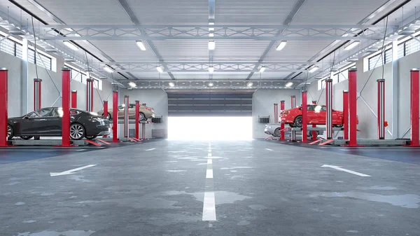 Garaj interior cu echipament auto. Ilustrație 3d — Fotografie, imagine de stoc